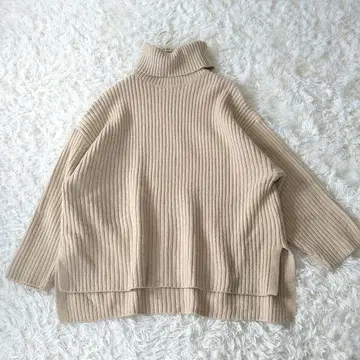 H&M 오버사이즈 하이넥 빅 칼라 리브 니트 스웨터 L 베이지