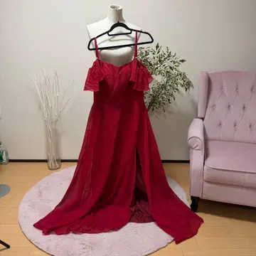 레드 오프숄더 롱 드레스