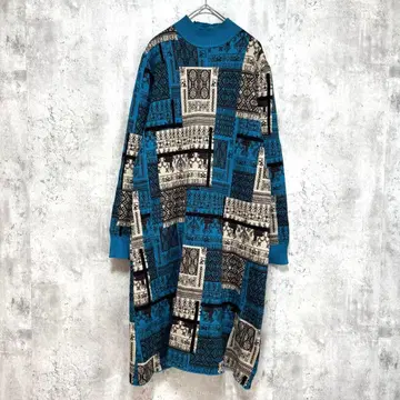 새상품급 하이넥 롱 니트 원피스 올 패턴 레트로 블루 루즈핏