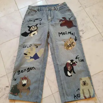 강아지 아트 디자인 데님 팬츠