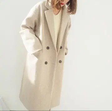 베이지 그레이 더블 브레스트 롱 코트