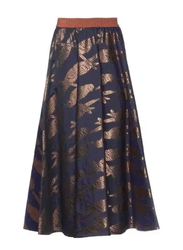 NIU 네이비와 구리색 꽃무늬 플레어 스커트