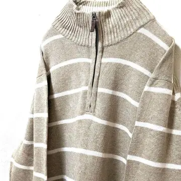 멜로 나 하프 지퍼 L 구제 의류 베이지 니트 스웨터 스트라이프