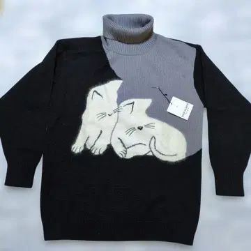 고양이 패턴 하이넥 스웨터 모 100% M 사이즈 새상품
