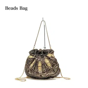 [ 새상품급 ] 비즈 자수/비쥬/올 패턴/가마구치/골드 체인/핸드백