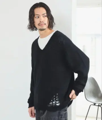 beams 모헤어 혼방 데미지 가공 V넥 니트 XL 미사용 블랙