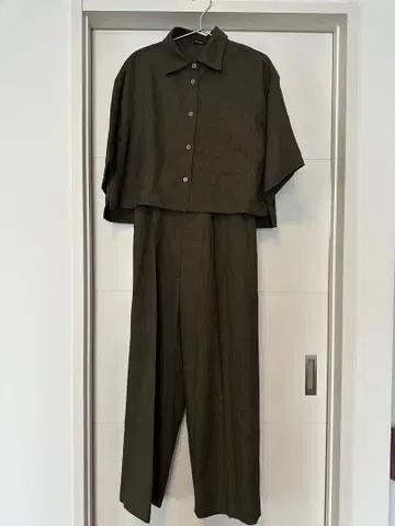 JEANASIS 셋업 여성용 린넨풍 반팔 셋업 카키