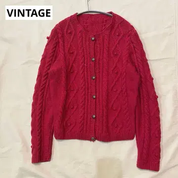 구제 VINTAGE 아란 무늬 핸드 니트 가디건 마젠타 계열 폼폼