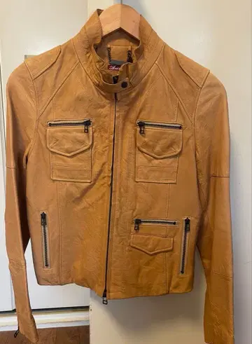 AVIREX 아비렉스 가죽 라이더 자켓 베이지 더블 지퍼