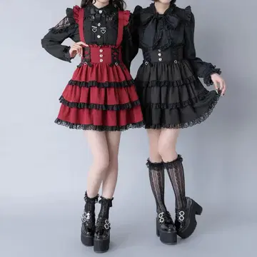 [ 새상품 ] 하트 비쥬 레이스업 리본 플레어 스커트 M 블랙