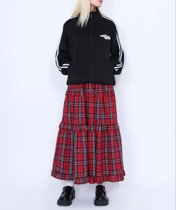 PUNYS 체크 프릴 티어드 롱 스커트