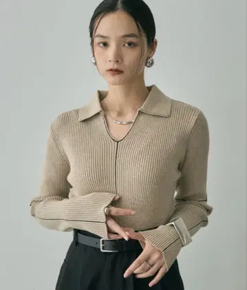 DFFUR. [롱셀러] 카라 부착 라인 리브 니트 풀오버