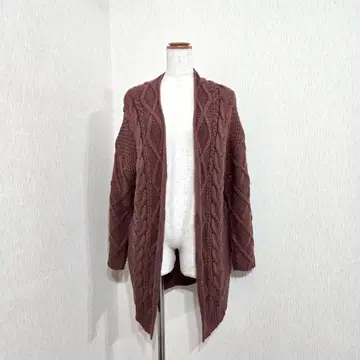 레이 카즌 케이블 짜임 롱 가디건 버튼리스 브라운 ( F )