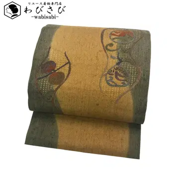 나고야 오비 견직물 샨터우 자수 사라가 자수 과일 새 황벽색 O-5526