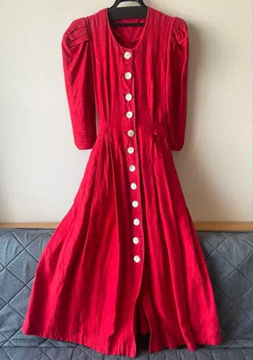 유럽 빈티지 원피스 빨간색 퍼프 슬리브