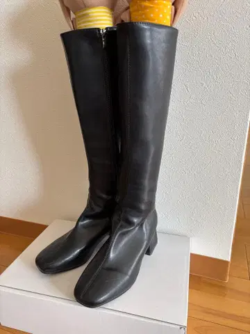 롱 부츠 블랙 가죽 PU 23cm 로우힐