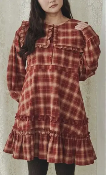 merry jenny 체크 스퀘어 칼라 미니 원피스 레드