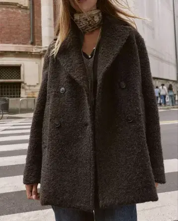 ZARA 부클레 더블 브레스트 미디 기장 코트 다크 브라운