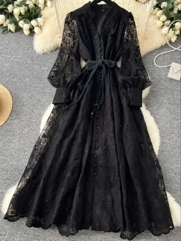 블랙 레이스 긴팔 롱 원피스