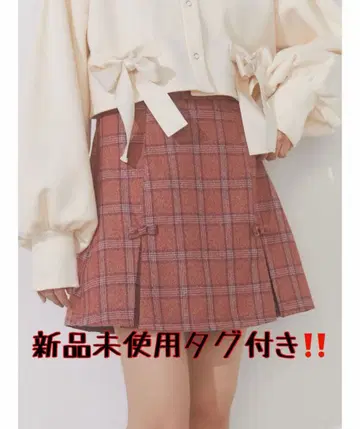 택 포함 미사용 새상품 merryjenny 체크 리본 플리츠 미니 스커트