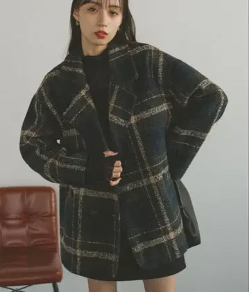 트위드 체크 자켓 코트 네이비