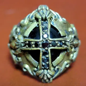 빈티지 블랙 스톤 크로스 플뢰르 드 리스 반지 골드