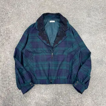 axes femme 체크 무늬 블루종 짧은 기장 레이스 옷깃 지퍼 모리걸