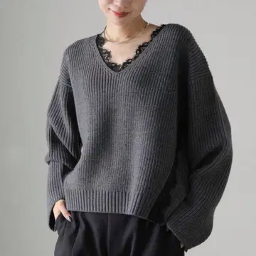 라토타리테 편직 레이스 V넥 니트 풀오버 그레이