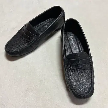 미사용급 긴자 카네마츠 블랙 가죽 주름 가죽 와이드 힐 로퍼 23.5cm