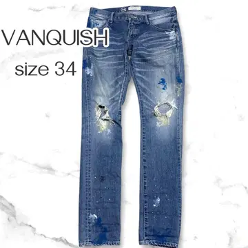 일본제 VANQUISH W34 데미지 페인트 스트레치 데님
