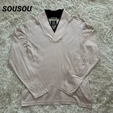 SOUSOU 면 100% 카라 좁은 풍미풍 디자인 티셔츠 일본제