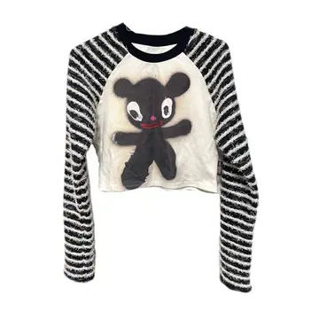 y2k 헤이세이 갸루 패치워크 셔츠 곰 패턴 긴팔 티셔츠 00s 상의