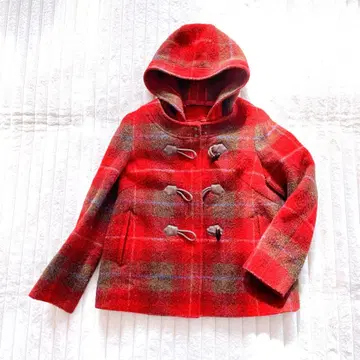 쿠미쿄쿠 후드 부착 더플 코트 레드 L 타탄 체크 미들 기장