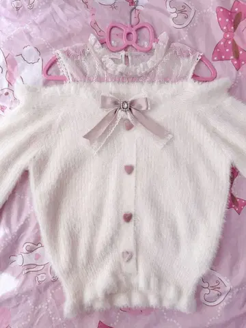 LIZLISA 레이어드 스타일 어깨 트임 니트 화이트 x 핑크