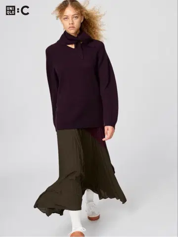 UNIQLO C 플리츠 롱 스커트 와인 x 브라운