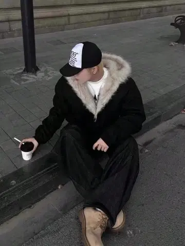 충전솜 코트 남성용 퍼 옷깃 후드 부착 코튼 블렌드 두꺼운 원단 숏 타입