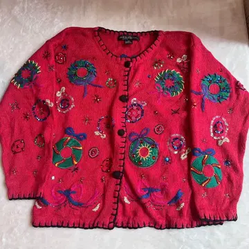 미국 빈티지 의류 크리스마스 가디건 리스 자수 비즈 M