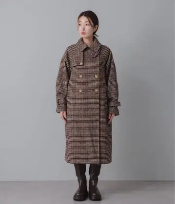 Kastane 체크 무늬 울 혼방 하이넥 롱 코트 카스타네 브라운