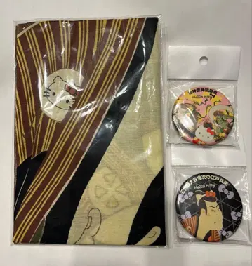 50주년 Kitty전 에이 라쿠야 수건 캔뱃지 2개 포함 3종 세트