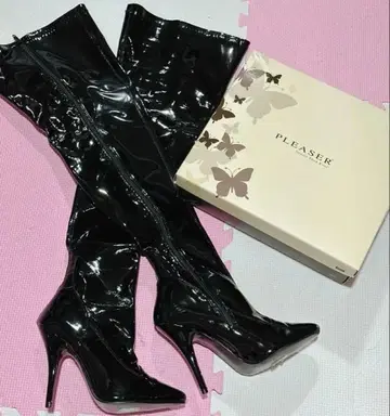 Pleaser 싸이하이 부츠 롱 부츠 에나멜 블랙 약 12.5cm 힐