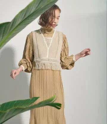 퍼블릭 도쿄 프린지 베스트 세트 플리츠 원피스 베이지 프리