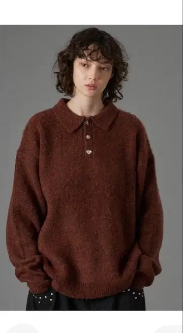 oncily 브라운 폴로 스웨터 오버 사이즈