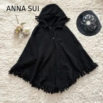 안나수이 후드 부착 판초 니트 프린지 케이블 짜임 울 블랙