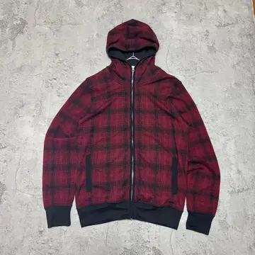 y2k 체크 무늬 와인 레드 x 블랙 지퍼 후드티 짧은 기장 L
