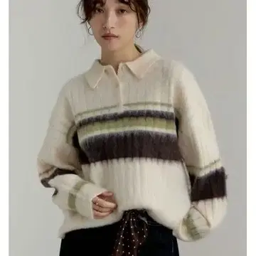 [ 새상품 ] 배색 멀티 보더 폴로 니트 M 아이보리