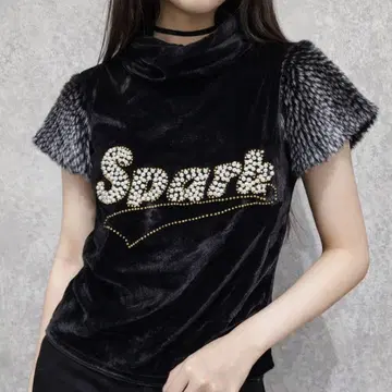 y2k 벨로아 x 퍼 펄 로고 반팔 상의 블랙 이소재 그런지