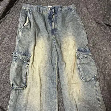 데님 블루 와이드 레그 카고 팬츠