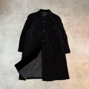 퀼팅풍 롱 코트 블랙 스탠드 카라 레트로 클래시컬