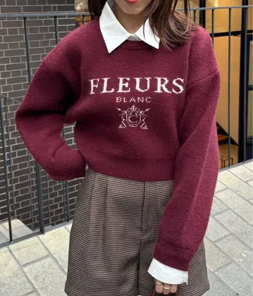 chico 카라 탈부착 로고 자카드 숏 니트