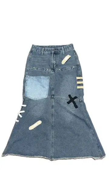 데님 패치워크 롱 스커트